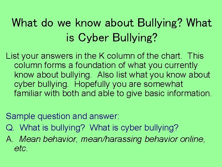 What do we know about Bullying? What is Cyber Bullying? List your answers in