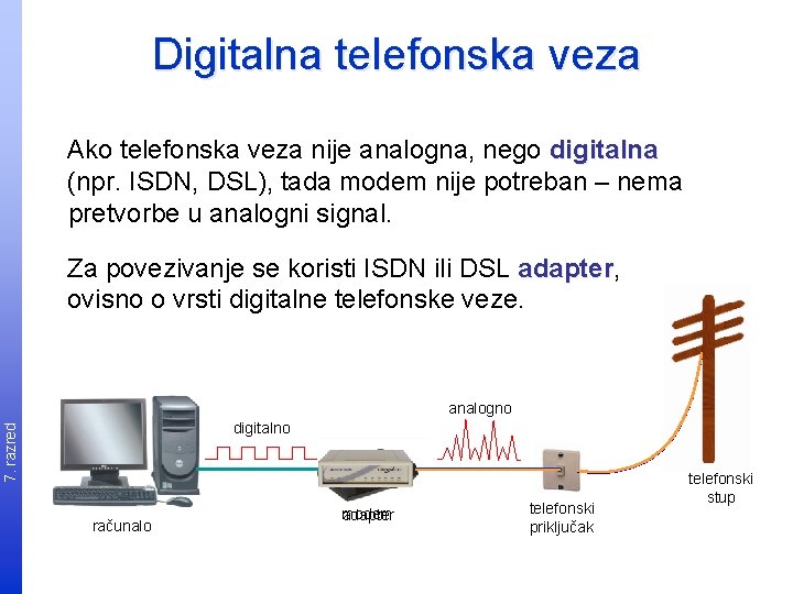 Digitalna telefonska veza Ako telefonska veza nije analogna, nego digitalna (npr. ISDN, DSL), tada