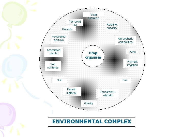 Solar radiation Temperat ure Relative humidity Humans Assosiated animals Atmospheric compotition Assosiated plants Wind