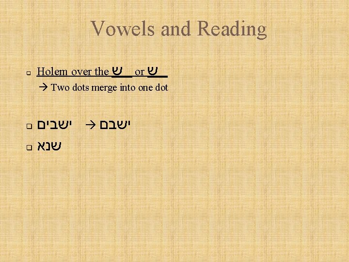 Vowels and Reading q Holem over the ש or ש Two dots merge into