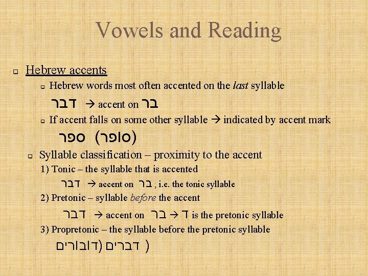 Vowels and Reading q Hebrew accents q Hebrew words most often accented on the