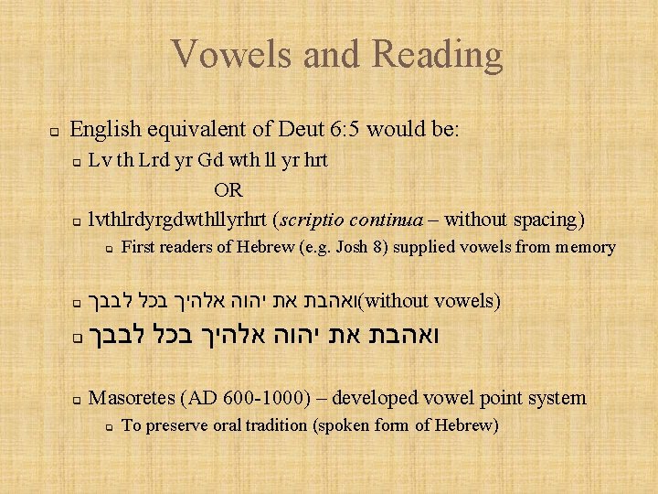 Vowels and Reading q English equivalent of Deut 6: 5 would be: q q