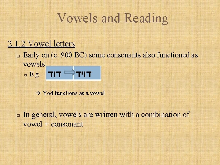 Vowels and Reading 2. 1. 2 Vowel letters q Early on (c. 900 BC)