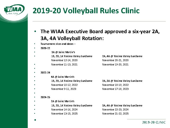 2019 -20 Volleyball Rules Clinic • The WIAA Executive Board approved a six-year 2