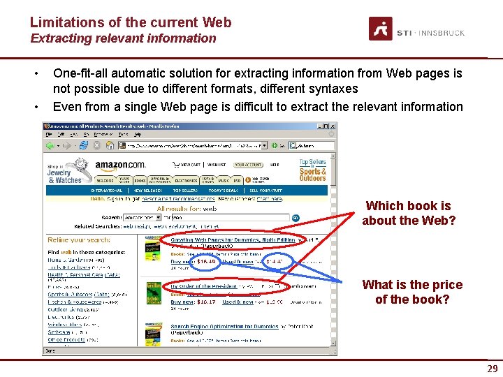 Limitations of the current Web Extracting relevant information • • One-fit-all automatic solution for