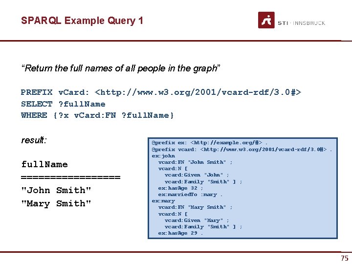SPARQL Example Query 1 “Return the full names of all people in the graph”