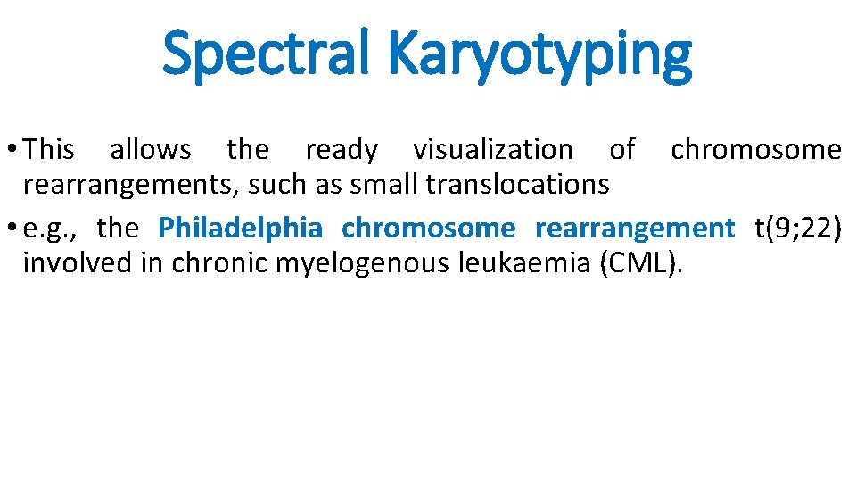 Spectral Karyotyping • This allows the ready visualization of chromosome rearrangements, such as small