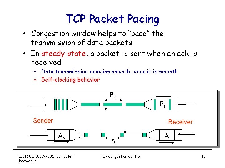 TCP Packet Pacing • Congestion window helps to “pace” the transmission of data packets