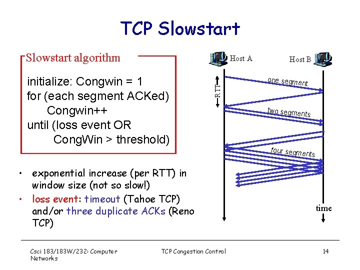 TCP Slowstart algorithm initialize: Congwin = 1 for (each segment ACKed) Congwin++ until (loss