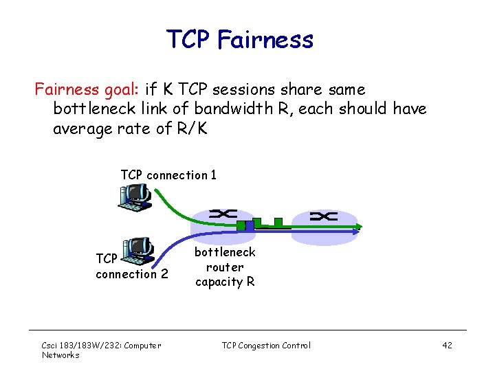 TCP Fairness goal: if K TCP sessions share same bottleneck link of bandwidth R,