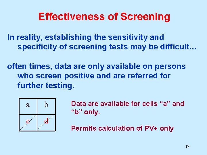 Effectiveness of Screening In reality, establishing the sensitivity and specificity of screening tests may