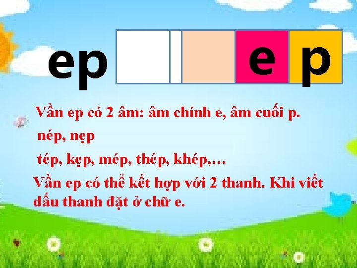 ep e p Vần ep có 2 âm: âm chính e, âm cuối p.