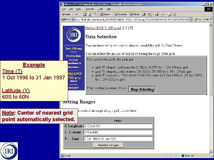 Example Time (T) 1 Oct 1996 to 31 Jan 1997 Latitude (Y) 60 S