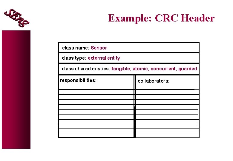 Example: CRC Header class name: Sensor class type: external entity class characteristics: tangible, atomic,