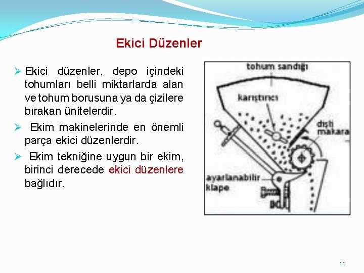 Ekici Düzenler Ø Ekici düzenler, depo içindeki tohumları belli miktarlarda alan ve tohum borusuna