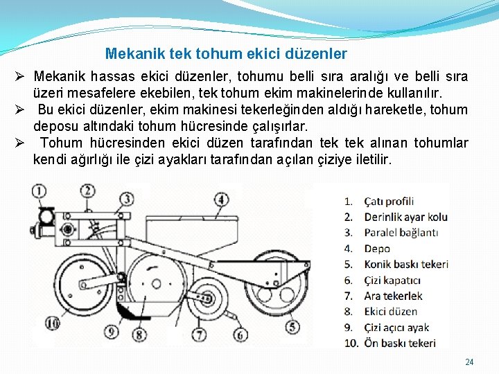 Mekanik tek tohum ekici düzenler Ø Mekanik hassas ekici düzenler, tohumu belli sıra aralığı