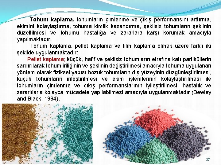 Tohum kaplama, tohumların çimlenme ve çıkış performansını arttırma, ekimini kolaylaştırma, tohuma kimlik kazandırma, şekilsiz