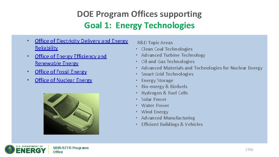 DOE Program Offices supporting Goal 1: Energy Technologies • Office of Electricity Delivery and