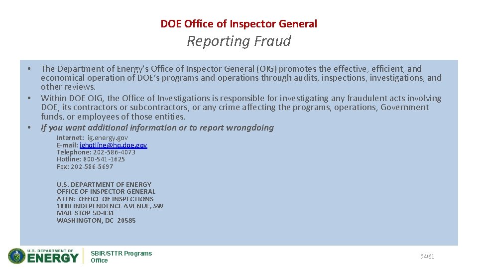 DOE Office of Inspector General Reporting Fraud • • • The Department of Energy’s