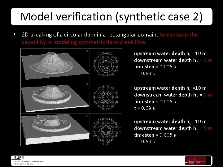 Model verification (synthetic case 2) • 2 D breaking of a circular dam in