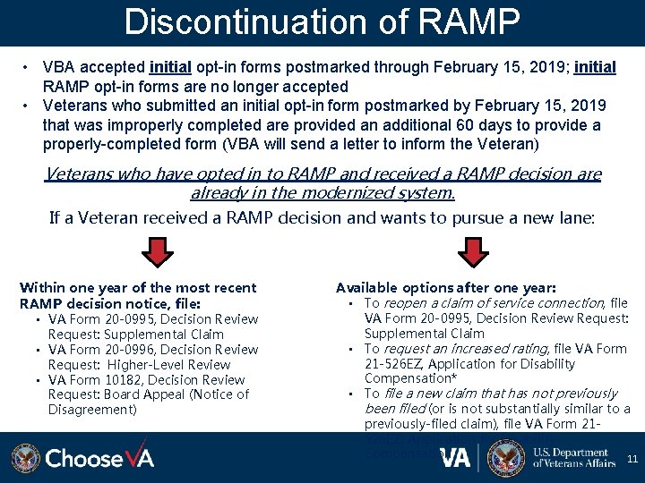 Discontinuation of RAMP • VBA accepted initial opt-in forms postmarked through February 15, 2019;