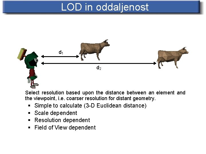 LOD in oddaljenost d 1 d 2 Select resolution based upon the distance between