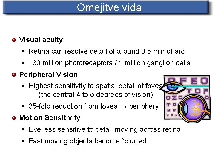 Omejitve vida Visual acuity § Retina can resolve detail of around 0. 5 min