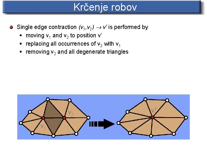 Krčenje robov Single edge contraction (v 1, v 2) v’ is performed by §