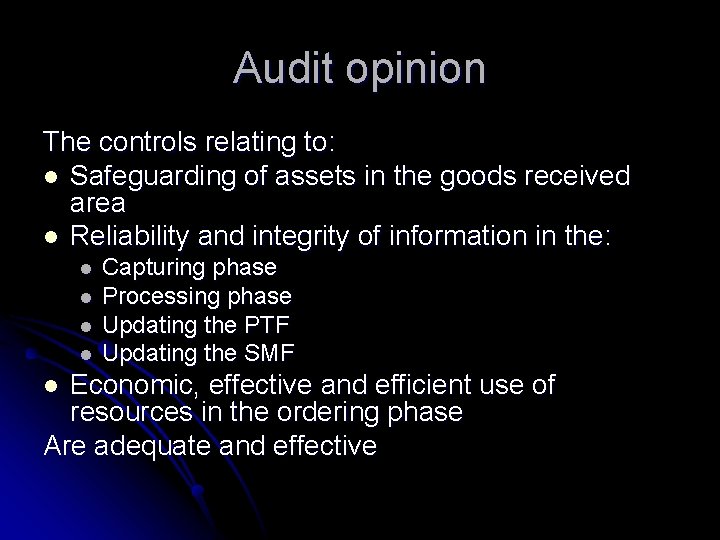 Audit opinion The controls relating to: l Safeguarding of assets in the goods received