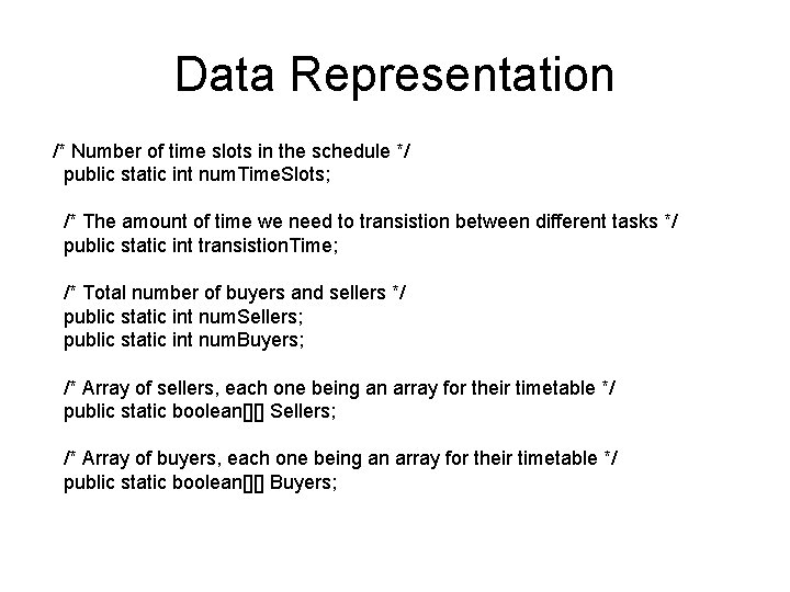 Data Representation /* Number of time slots in the schedule */ public static int