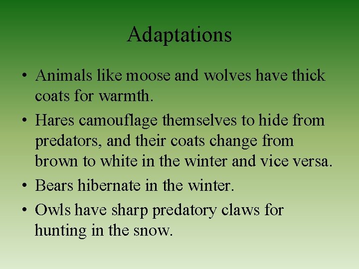 Adaptations • Animals like moose and wolves have thick coats for warmth. • Hares