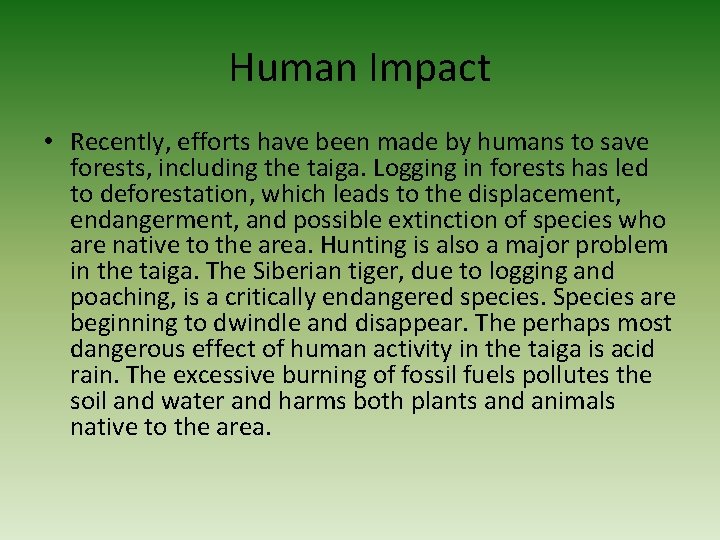 Human Impact • Recently, efforts have been made by humans to save forests, including