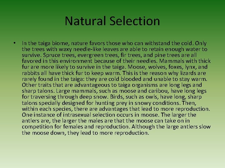 Natural Selection • In the taiga biome, nature favors those who can withstand the