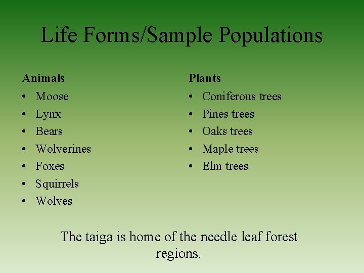 Life Forms/Sample Populations Animals Plants • • • Moose Lynx Bears Wolverines Foxes Squirrels