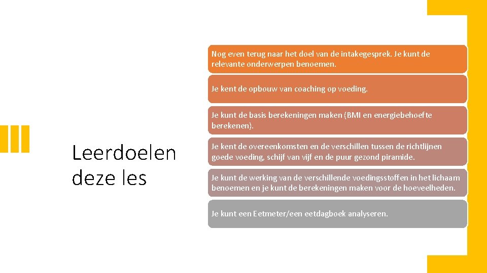 Nog even terug naar het doel van de intakegesprek. Je kunt de relevante onderwerpen