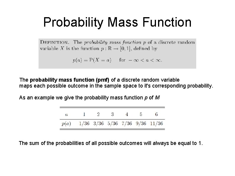 Probability Mass Function The probability mass function (pmf) of a discrete random variable maps