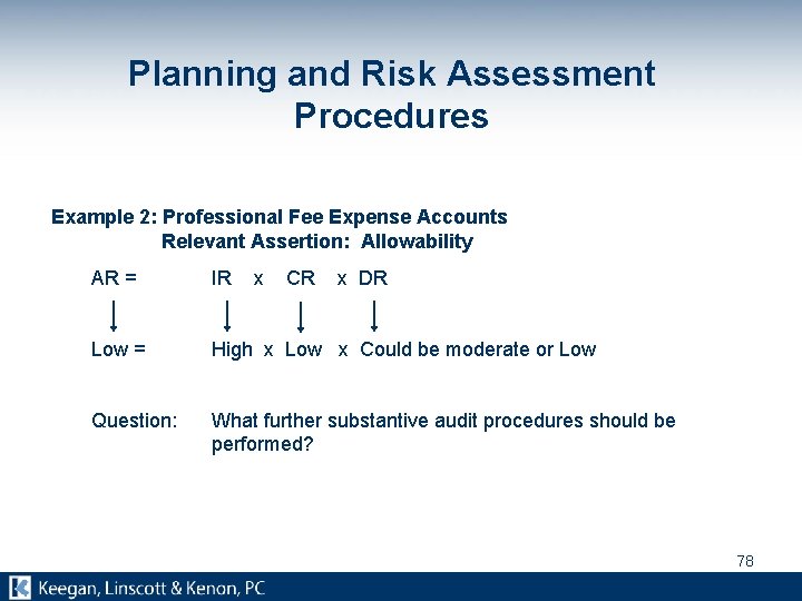 Planning and Risk Assessment Procedures Example 2: Professional Fee Expense Accounts Relevant Assertion: Allowability
