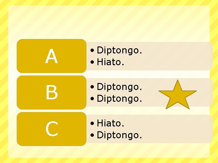 A • Diptongo. • Hiato. B • Diptongo. C • Hiato. • Diptongo. 