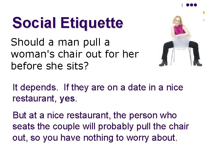 Social Etiquette Should a man pull a woman's chair out for her before she