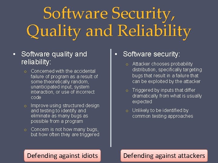 Software Security, Quality and Reliability • Software quality and reliability: o Concerned with the