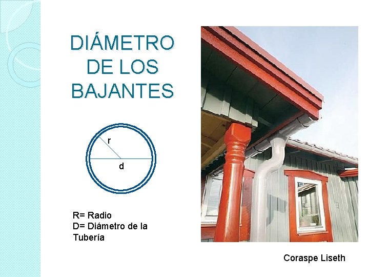 DIÁMETRO DE LOS BAJANTES r d R= Radio D= Diámetro de la Tubería Coraspe