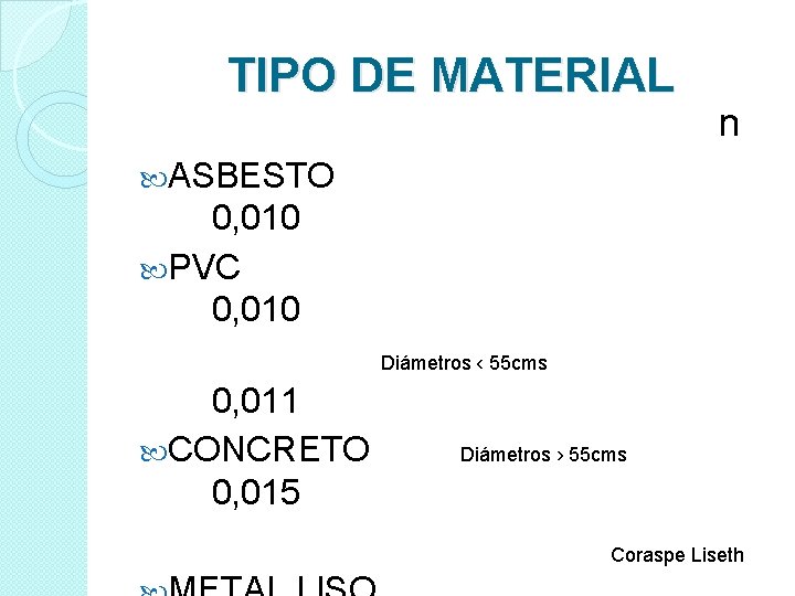 TIPO DE MATERIAL n ASBESTO 0, 010 PVC 0, 010 Diámetros ‹ 55 cms