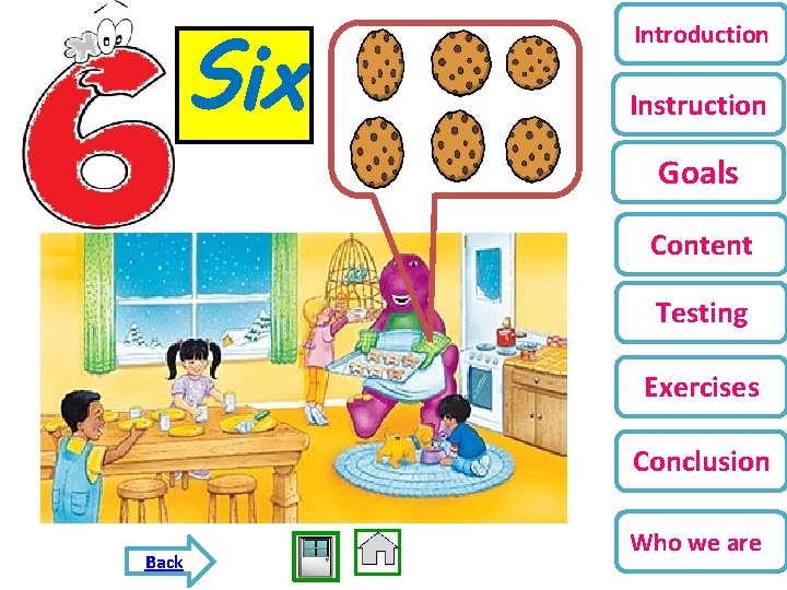 Six Introduction Instruction Goals Content Testing Exercises Conclusion Back Who we are 