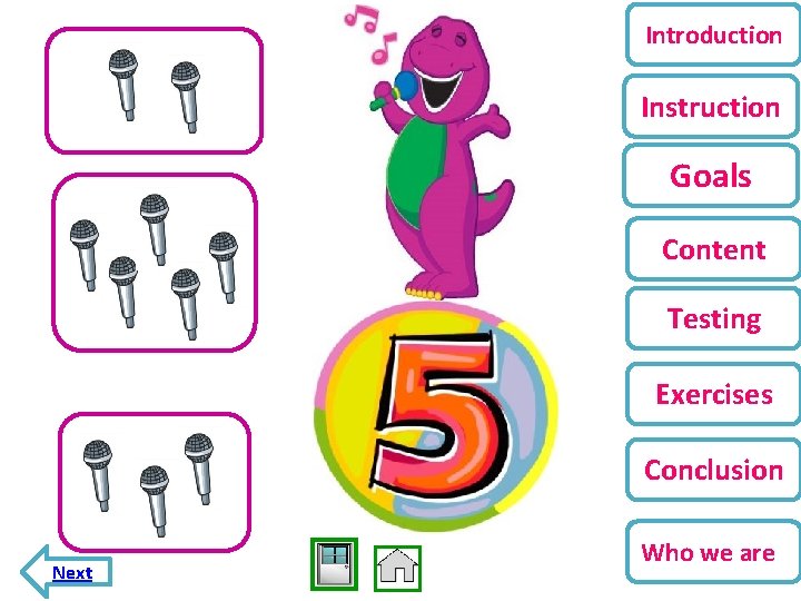 Introduction Instruction Goals Content Testing Exercises Conclusion Next Who we are 