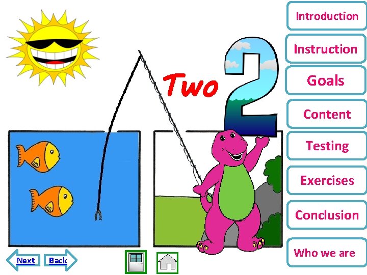 Introduction Instruction Two Goals Content Testing Exercises Conclusion Next Back Who we are 