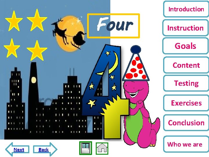 Four Introduction Instruction Goals Content Testing Exercises Conclusion Next Back Who we are 
