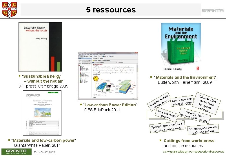 5 ressources § “Sustainable Energy § “Materials and the Environment”, – without the hot