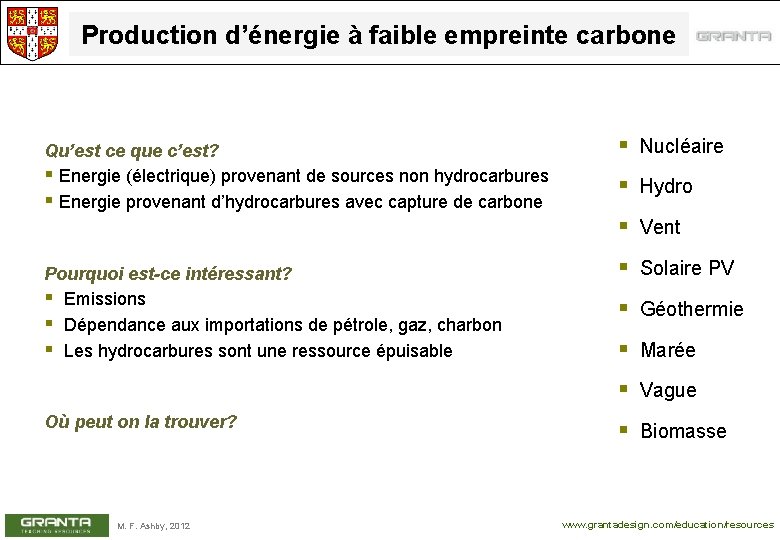 Production d’énergie à faible empreinte carbone Qu’est ce que c’est? § Energie (électrique) provenant