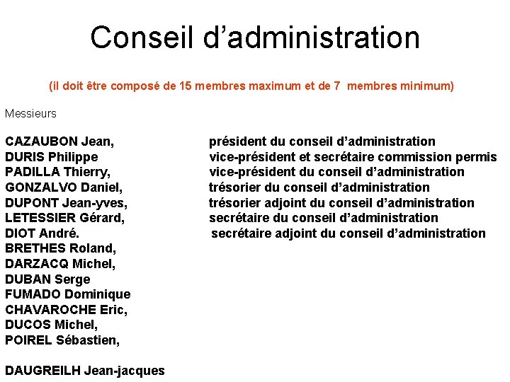 Conseil d’administration (il doit être composé de 15 membres maximum et de 7 membres