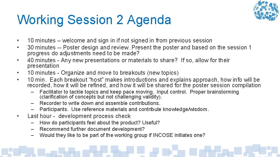 Working Session 2 Agenda • • • 10 minutes – welcome and sign in
